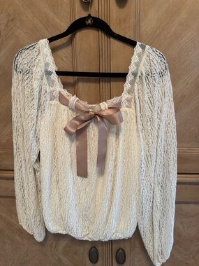 Daytrip Cream Lace Peasant Top with Blush Satin Bow